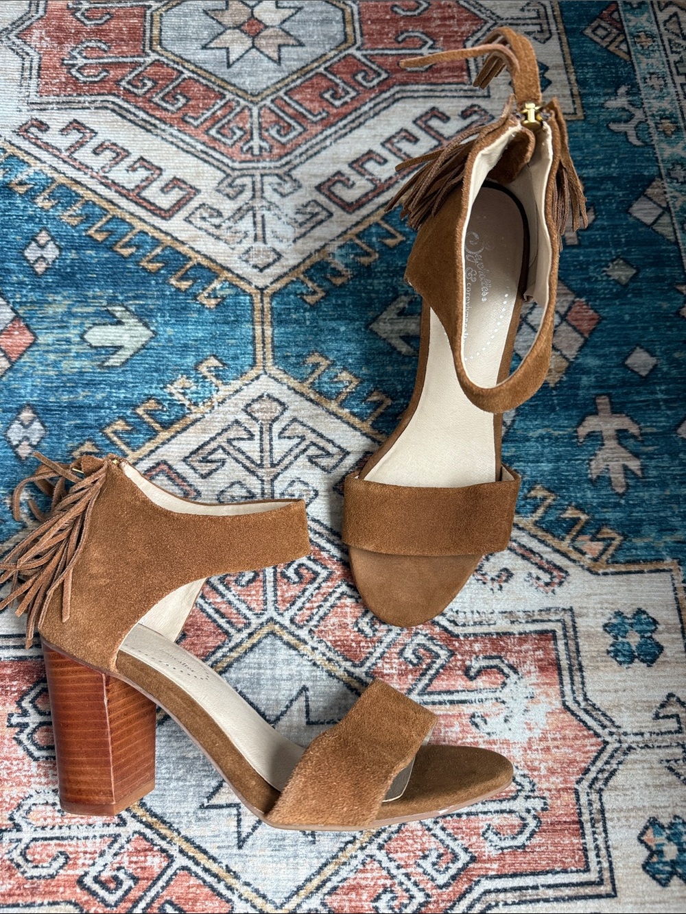 Seychelles Tan Suede Tassel Ankle-Strap Block Heels